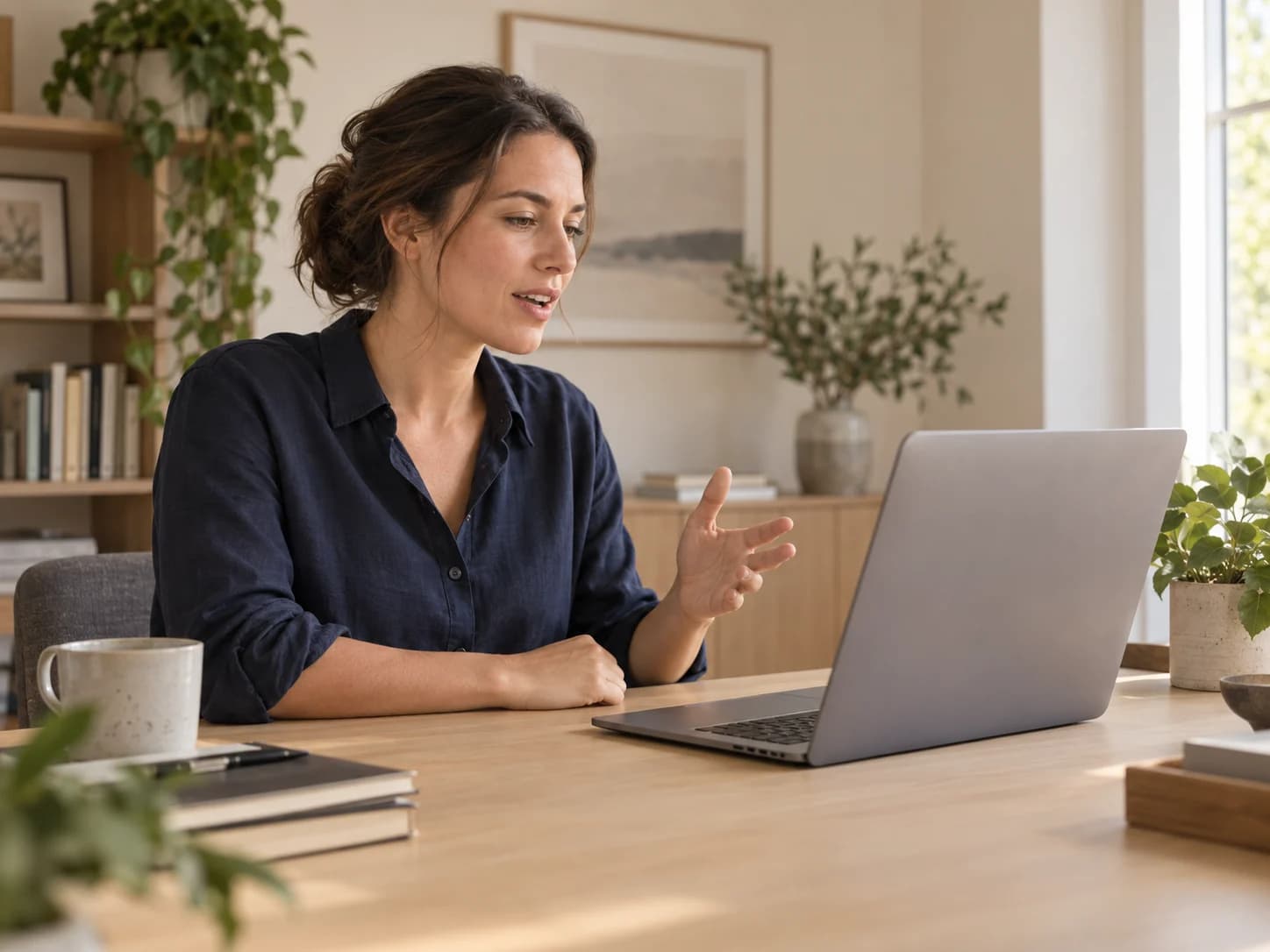 A person dictates text to a laptop.